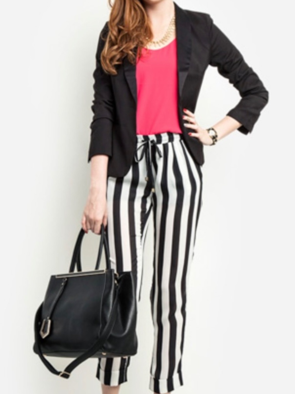 Mango Casual Pants Black White Striped Drawstring Elastic Waist Size M NWOT